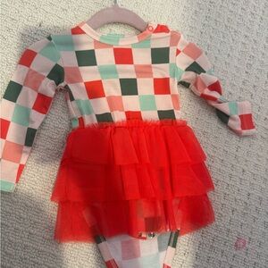 Plaid Chris Long Sleeve Baby Dress with Red Tulle Skirt